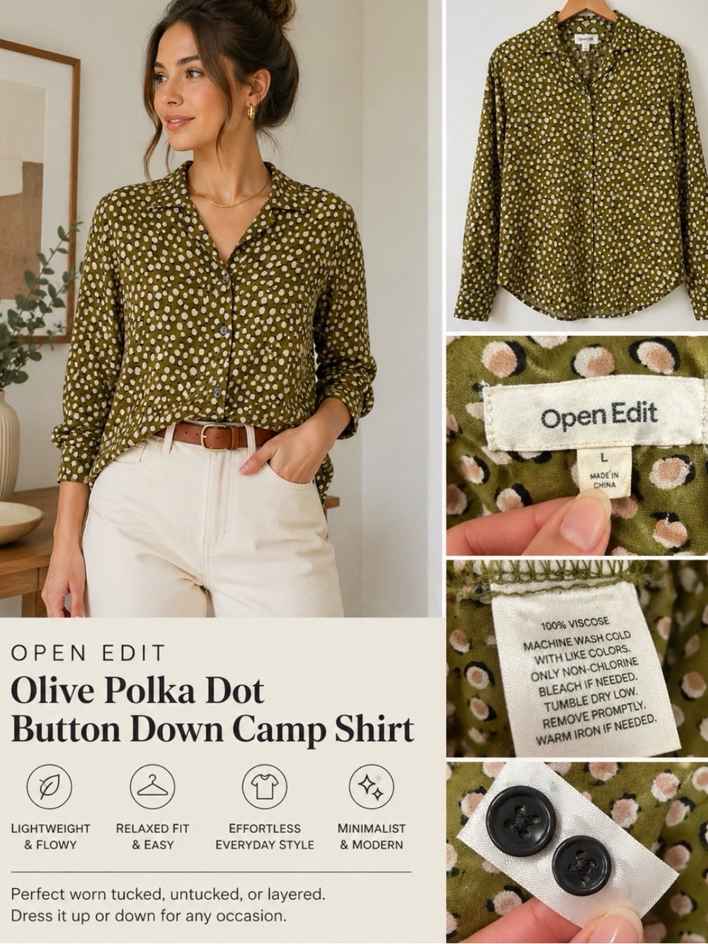 ❤️135 Open Edit Olive Polka Dot Button Down Camp Shirt Relaxed Minimalist Large